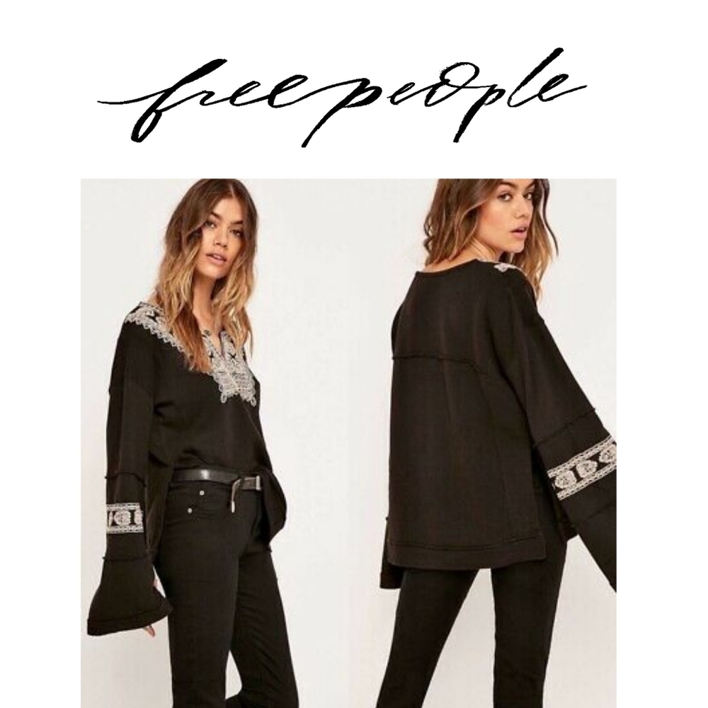 Free People Santa Maria BOHO Embroidered Peasant French  Bell Sleeves  Small